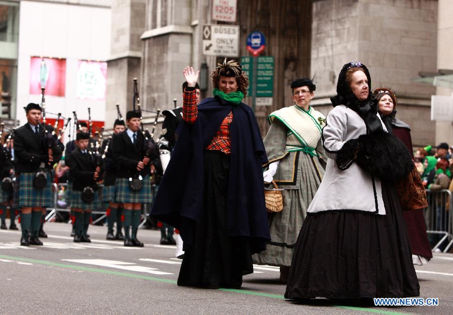 Parade participants march along the 5th Ave during the 252nd annual St. Patrick's Day Parade in New York City on March 16, 2013. (Xinhua/Zhai Xi) 