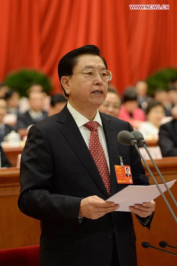 Zhang Dejiang, chairman of the National People's Congress (NPC) Standing Committee, delivers a speech at the closing meeting of the first session of the 12th NPC at the Great Hall of the People in Beijing, capital of China, March 17, 2013. (Xinhua/Ma Zhancheng)