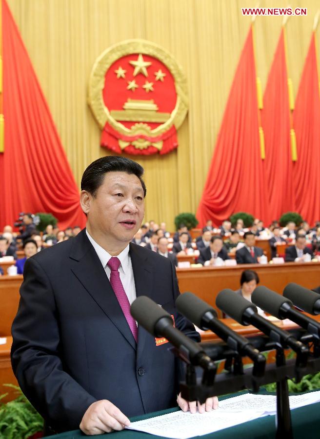 Chinese President Xi Jinping delivers a speech at the closing meeting of the first session of the 12th National People's Congress (NPC) at the Great Hall of the People in Beijing, capital of China, March 17, 2013. (Xinhua/Lan Hongguang)