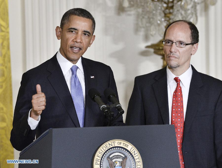 U.S. President Barack Obama (L) nominates Thomas Perez, the federal assistant attorney general for civil rights, as the new Labor Secretary during a ceremony in the East Room of the White House in Washington D.C., capital of the United States, March 18, 2013. If confirmed by the Senate, he would be the first Hispanic chosen for Obama's second-term cabinet, succeeding Hilda Solis, who stepped down in January. (Xinhua/Zhang Jun)