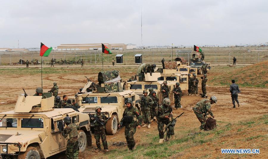 Afghan Army Commandos take part in a military rehearsal in Mazar-e-Sharif, Balkh province, north Afghanistan, March 16, 2013. Several hundreds of Afghan National Army (ANA) commandos participated in a one-day military exercise here on Saturday. (Xinhua/Azorda)