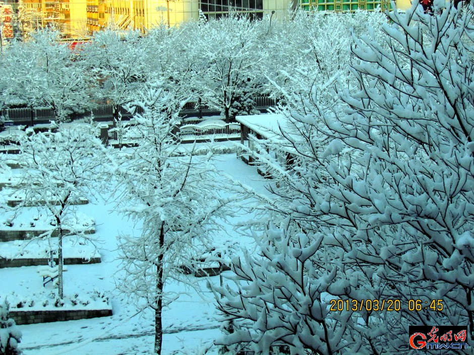 Buildings and streets are covered by thick snow, Beijing, March 20, 2013. A cold front brought rain and heavy snow to most parts of Beijing on Tuesday and temperature dropped dramatically below freezing at night, a sharp contrast to Monday which experienced a warm and comfortable early spring day. (Photo/GMW.cn)