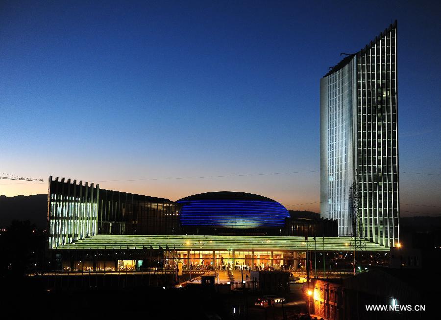 Photo taken on Jan. 30, 2012 shows the night view of the African Union (AU) Conference Center, venue of the AU Summit in Addis Ababa, capital of Ethiopia. The China-Africa strategic cooperation has created a promising win-win scenario for the world's largest developing country and the fast-emerging continent over past decades. Chinese President Xi Jinping will visit Tanzania, South Africa and the Republic of Congo later this month and attend the fifth BRICS summit on March 26-27 in Durban, South Africa. (Xinhua/Ding Haitao) 