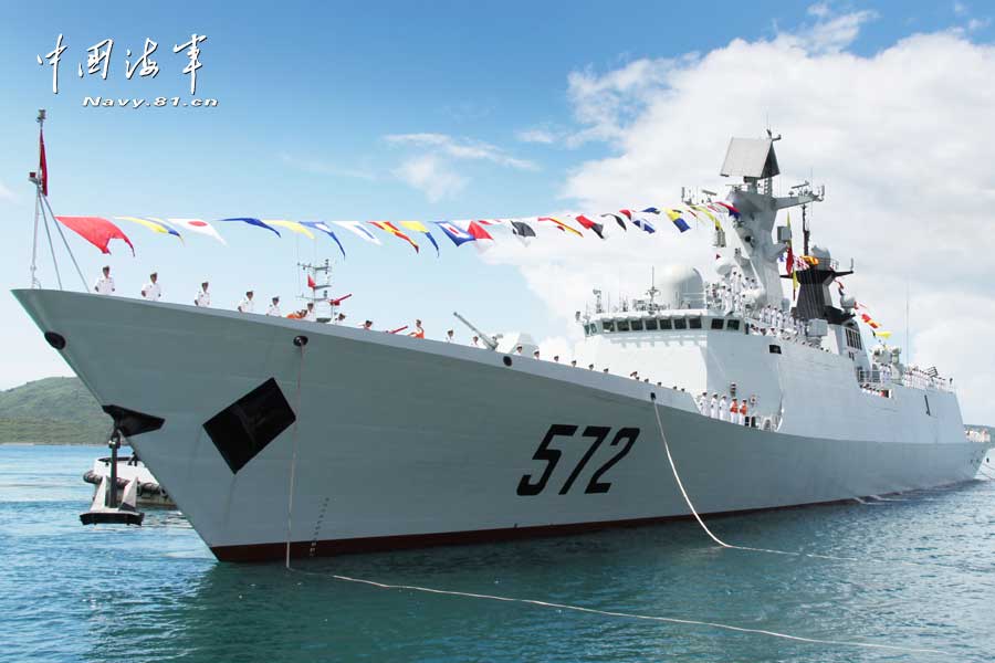 The Hengshui guided missile frigate was delivered and commissioned to the Navy of the Chinese People's Liberation Army (PLA) on July 9, 2012. With the hull number of 572, the Hengshui guided missile frigate has adopted various types of advanced weaponry and equipment and features optimal ship-body design. It is China’s independently-developed 054-A type guided missile frigate and has such combat functions as anti-ship, anti-aircraft, anti-submarine, fire support and so on. (chinamil.com.cn/Li Zhanglong)