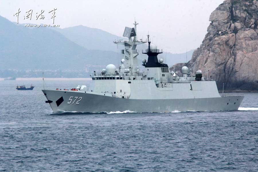 The Hengshui guided missile frigate was delivered and commissioned to the Navy of the Chinese People's Liberation Army (PLA) on July 9, 2012. With the hull number of 572, the Hengshui guided missile frigate has adopted various types of advanced weaponry and equipment and features optimal ship-body design. It is China’s independently-developed 054-A type guided missile frigate and has such combat functions as anti-ship, anti-aircraft, anti-submarine, fire support and so on. (chinamil.com.cn/Li Zhanglong)