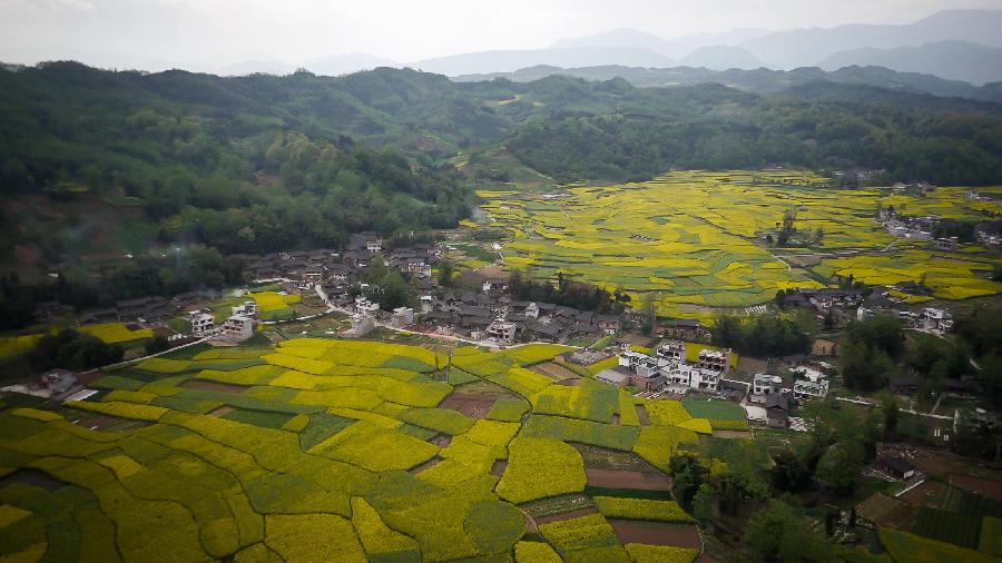 Photo taken on March 20, 2013 shows the aerial view of Siyan Township in Lushan County, southwest China's Sichuan Province. Located at where the Sichuan Basin and the Qinghai-Tibet Plateau meet, Lushan County boasts beautiful and diversified landscape. (Xinhua)