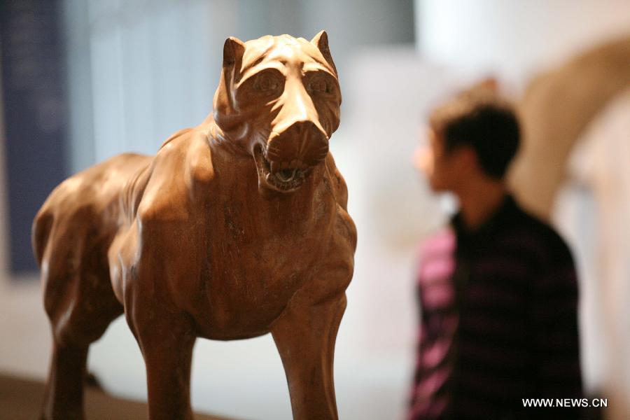 A visitor views a wood sculpture at the African Wood Sculpture Collection exhibition in Nanjing, capital of east China's Jiangsu Province, March 29, 2013. The exhibition kicking off on Friday displays near 600 wood carving works from dozens of countries in the sub-Saharan Africa. (Xinhua/Wang Xin) 