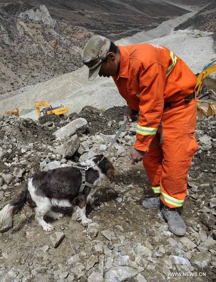 A firefighter and a sniffer dog search for trapped miners at the site where a large-scale landslide hit a mining area in Maizhokunggar County of Lhasa, southwest China's Tibet Autonomous Region, March 30, 2013. Rescuers have found bodies and are still searching for survivors more than 37 hours after a massive landslide buried 83 miners at the polymetal mine in Tibet. (Xinhua/Chogo) 