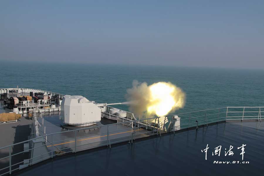 A warship of a joint maneuver taskforce under the South Sea Fleet of the Chinese People's Liberation Army (PLA) Navy conducts a live-ammunition fire drill in the west Pacific Ocean on March 31, 2013. (navy.81.cn/Qian Xiaohu, Song Xin, Gan Jun and Gao Yi)