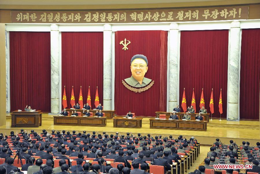 Photo released by the KCNA news agency on April 1 shows that a plenary meeting of the Central Committee of the Workers' Party of Democratic People's Republic of Korea (DPRK) is held in Pyongyang, capital of the DPRK, on March 31, 2013. (Xinhua/KCNA) 