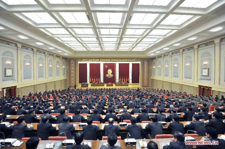 Photo released by the KCNA news agency on April 1 shows that a plenary meeting of the Central Committee of the Workers' Party of Democratic People's Republic of Korea (DPRK) is held in Pyongyang, capital of the DPRK, on March 31, 2013. (Xinhua/KCNA) 