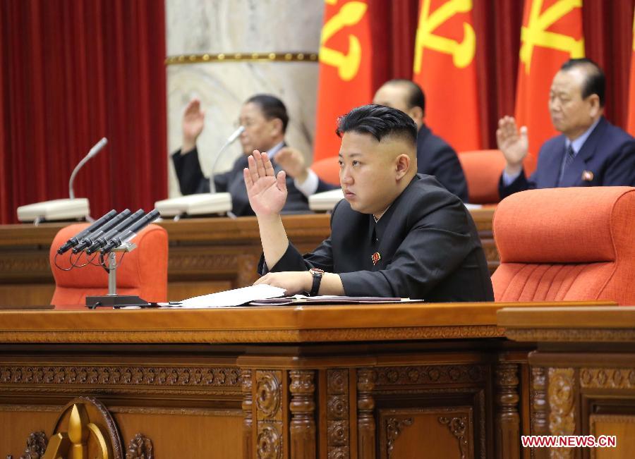 Photo released by the KCNA news agency on April 1 shows that a plenary meeting of the Central Committee of the Workers' Party of Democratic People's Republic of Korea (DPRK) is held in Pyongyang, capital of the DPRK, on March 31, 2013. (Xinhua/KCNA) 