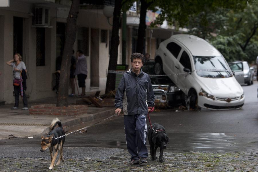 A young man walks his dogs in front of two vehicles damaged after a storm hit the city of Buenos Aires, capital of Argentina, on April 2, 2013. (Xinhua/Matín Zabala)  