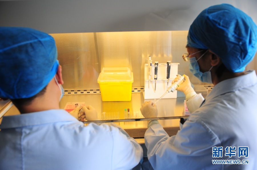 Test technicians standardize the testing process of the H7N9 avian influenza in laboratory. Beijing Center for Disease Control and Prevention (Beijing CDC) received the H7N9 laboratory detection reagents from the national CDC on April 3, 2013. (Xinhua/Li Xin)