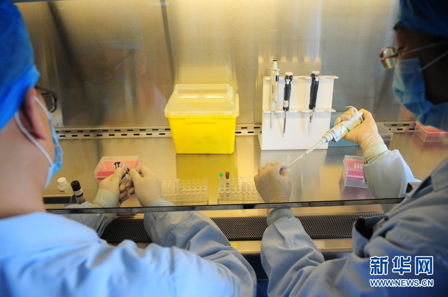 Test technicians standardize the testing process of the H7N9 avian influenza in laboratory. Beijing Center for Disease Control and Prevention (Beijing CDC) received the H7N9 laboratory detection reagents from the national CDC on April 3, 2013. (Xinhua/Li Xin)