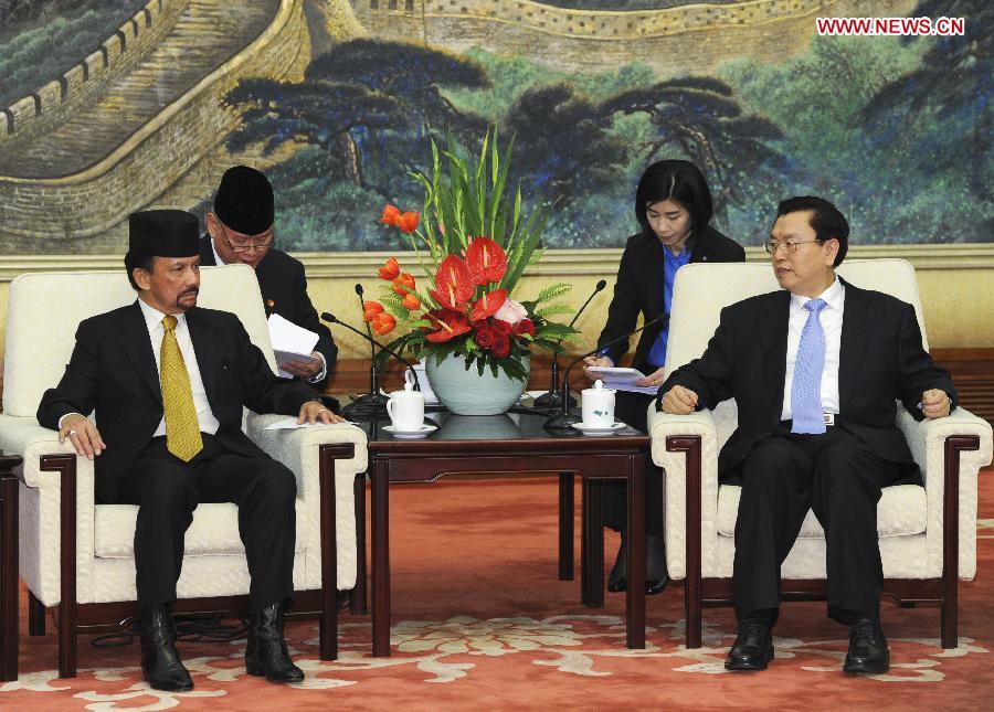 Zhang Dejiang (R), chairman of the Standing Committee of China's National People's Congress, meets with Brunei's Sultan Hassanal Bolkiah (L) in Beijing, capital of China, April 5, 2013. (Xinhua/Rao Aimin)