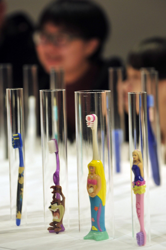 Visitors view various toothbrushes at a private exhibition from Wu Kwang-tyng, an associate professor of Tamkang University Department of Architecture, in Taipei, Taiwan, April 6, 2013. [Photo/Xinhua] 