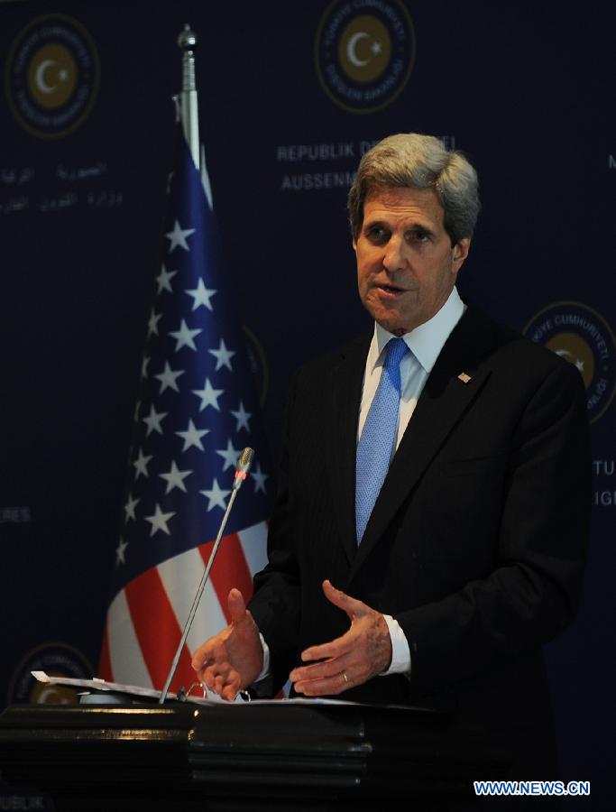 U.S. Secretary of State John Kerry attends a joint press conference with Turkish Foreign Minister Ahmet Davutoglu (not seen) after arriving at Istanbul, Turkey, April 7, 2013, as a part of his third trip to the Middle East in one month. Kerry will meet with Turkish Prime Minister Erdogan Sunday afternoon. (Xinhua/Lu Zhe) 