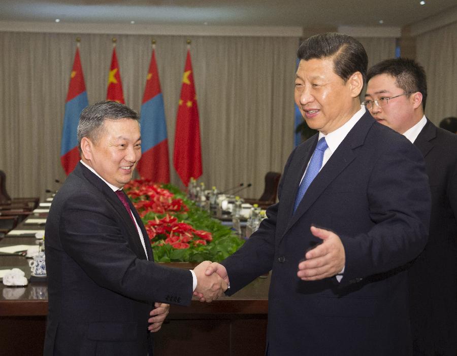 Chinese President Xi Jinping (R) shakes hands with Chairman of State Great Hural of Mongolia Zandaakhuu Enkhbold during their meeting on the sidelines of Boao Forum for Asia (BFA) Annual Conference 2013 in Boao, south China's Hainan Province, April 7, 2013. (Xinhua/Li Xueren) 