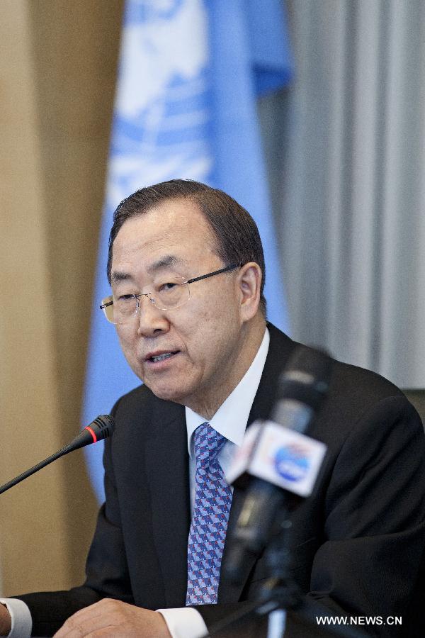 UN Secretary General Ban Ki-moon speaks during a press conference in The Hague, Netherlands, on April 8, 2013. United Nations (UN) inspectors are ready to deploy a mission to Syria within 24 hours to investigate reported chemical weapon attacks in the country, UN Secretary General Ban Ki-moon said on Monday. (Xinhua/Rick Nederstigt) 