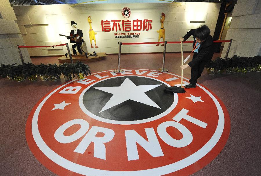 A staff member does cleaning at the Believe It Or Not Museum in Shanghai, east China, April 10, 2013. Believe It Or Not Museum, as a world renowned tourism project, attracted numbers of visitors around the globe with its unbelievable and amazing devices and scenes. The museum in Shanghai is expected to open to visitors in late April. (Xinhua/Lai Xinlin) 