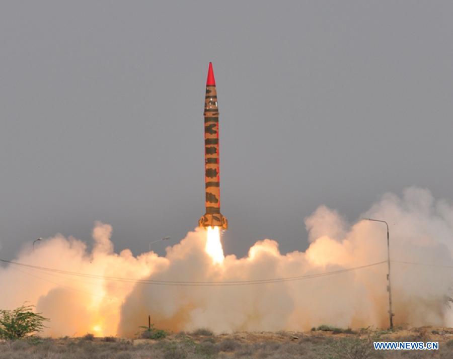 This handout photo released by the Pakistan's Inter Services Public Relations (ISPR) office on April 10, 2013, shows a Intermediate Range Ballistic Missile Hatf IV Shaheen-1 Weapon System launched from an undisclosed location in Pakistan. Pakistan on Wednesday successfully launched the Intermediate Range Ballistic Missile, which can carry nuclear warheads, the military said. (Xinhua Photo/ISPR)