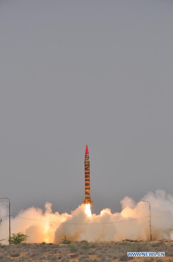 This handout photo released by the Pakistan's Inter Services Public Relations (ISPR) office on April 10, 2013, shows a Intermediate Range Ballistic Missile Hatf IV Shaheen-1 Weapon System launched from an undisclosed location in Pakistan. Pakistan on Wednesday successfully launched the Intermediate Range Ballistic Missile, which can carry nuclear warheads, the military said. (Xinhua Photo/ISPR)