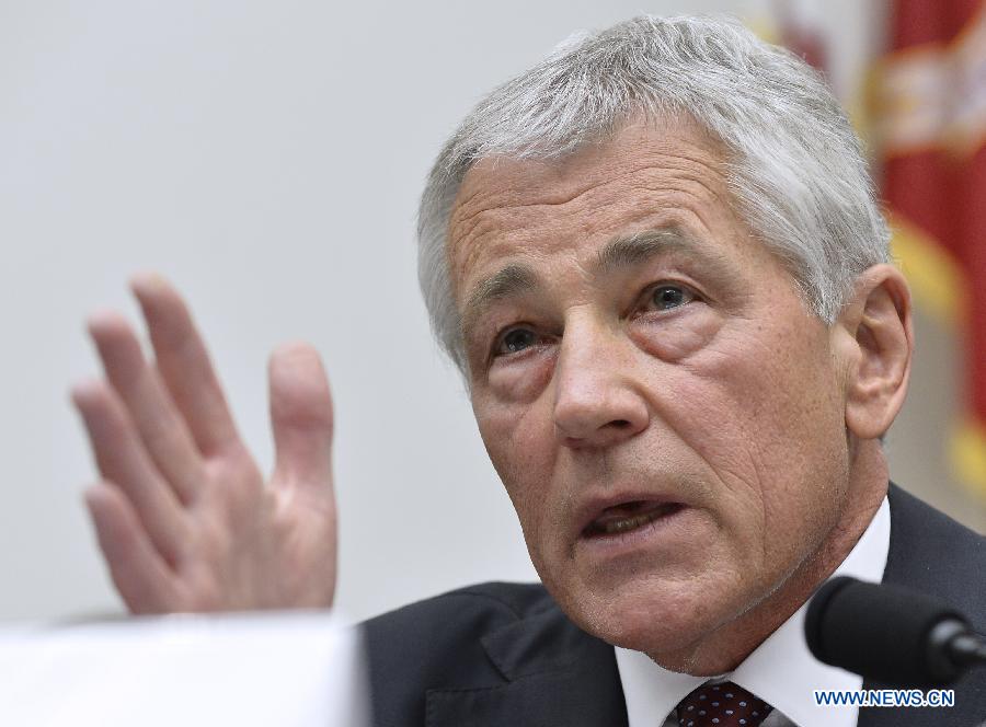 U.S. Secretary of Defense Chuck Hagel testifies before the House Armed Services Committee during a hearing on the fiscal year 2014 national defense authorization budget request from the Department of Defense, on Capitol Hill in Washington D.C., capital of the United States, April 11, 2013. U.S. President Barack Obama on Wednesday proposed a 526.6-billion-dollar base budget for the Defense Department in fiscal year 2014, as the Pentagon struggles to provide funds for its strategic rebalance to the Asia Pacific amid mandatory budget cuts. (Xinhua/Zhang Jun) 