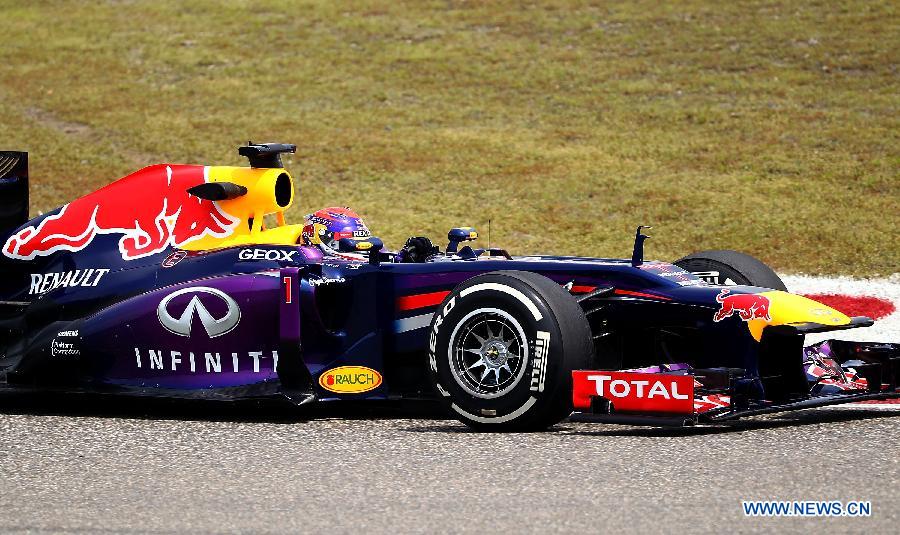 Red Bull driver Sebastian Vettel drives during the first practice session of the Chinese F1 Grand Prix at the Shanghai International circuit, in Shanghai, east China, on April 12, 2013. (Xinhua/Li Ming)