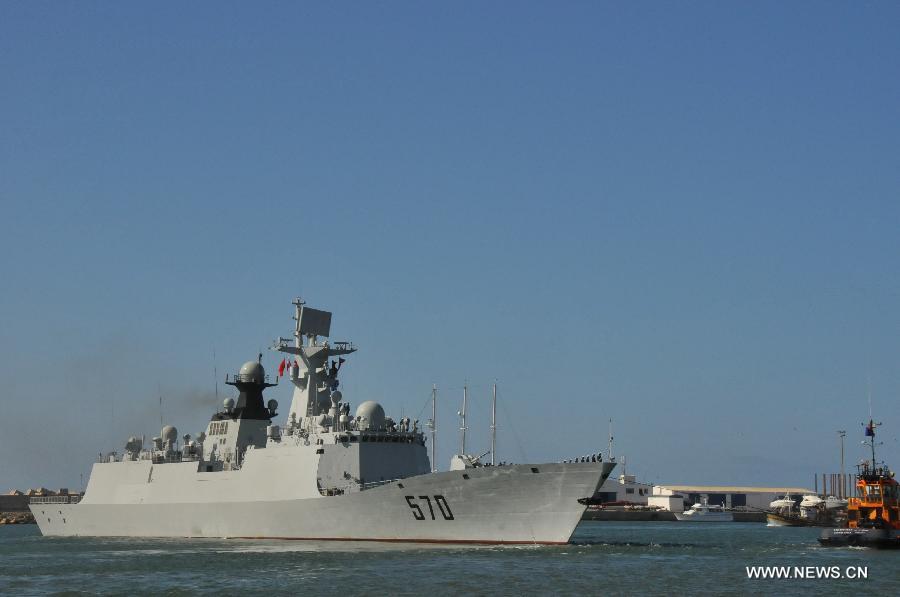 The frigate Huangshan of 13th Escort Taskforce of the Chinese navy leaves Casablanca, Moroco, April 13, 2013. The 13th Escort Taskforce of the Chinese navy on Saturday ended a five-day visit to Morocco. (Xinhua/Lin Feng)