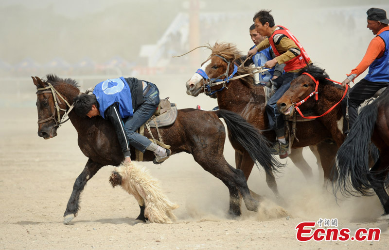 Participants compete during a horse racing held in Korla, Northwest China's Xinjiang Uyghur Autonomous Region, April 14, 2013. Over 300 contestants from more than 20 teams participated in the racing. (CNS)