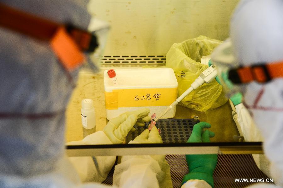 Researchers in protective suits collect samples of a suspected case of the H7N9 avian influenza virus for testing at the provincial center for disease control and prevention in Hangzhou, capital of east China's Zhejiang Province, April 17, 2013. An emergent testing team on 24-hour stand-by was set up in the center after the recent spread of the H7N9 virus. Infections within the province will be officially confirmed by the center. (Xinhua/Xu Yu)