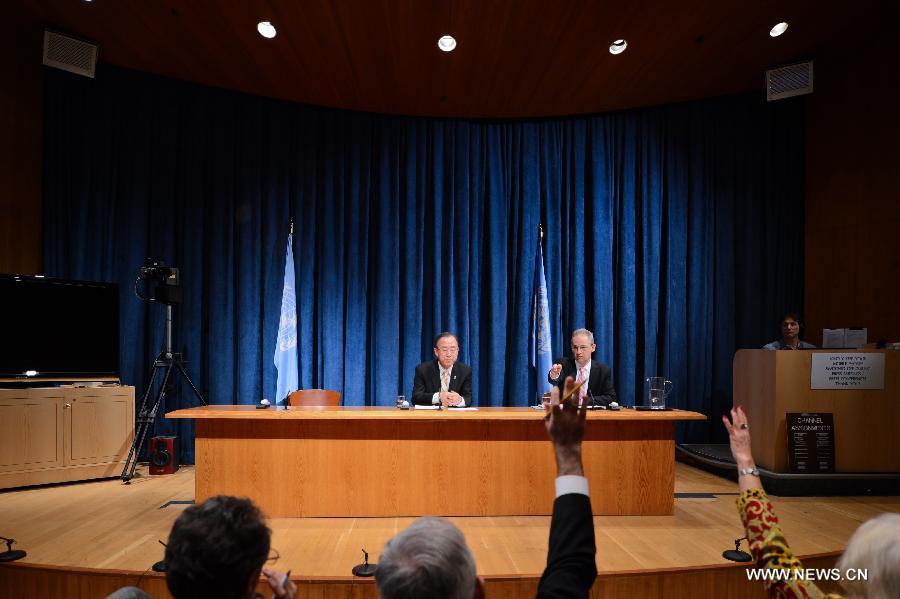 United Nations Secretary-General Ban Ki-moon (C) attends a press conference at the UN headquarters in New York, on April 17, 2013. Ban on Wednesday called the Korean Peninsula crisis " highly volatile" and urged the Democratic People's Republic of Korea (DPRK) to return to the negotiating table. (Xinhua/Niu Xiaolei) 