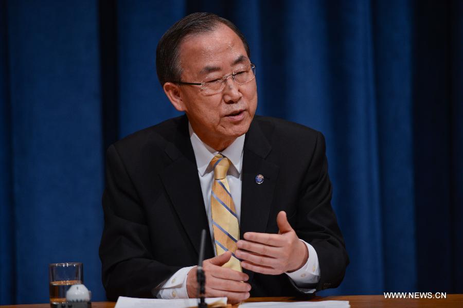 United Nations Secretary-General Ban Ki-moon attends a press conference at the UN headquarters in New York, on April 17, 2013. Ban on Wednesday called the Korean Peninsula crisis " highly volatile" and urged the Democratic People's Republic of Korea (DPRK) to return to the negotiating table. (Xinhua/Niu Xiaolei) 