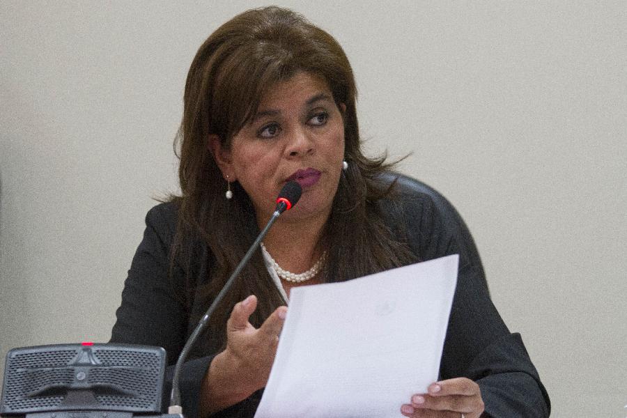 Judge Carol Patricia Flores attends the genocide trial of Guatemala's former dictator General Efrain Rios Montt and former General Jose Mauricio Rodriguez Sanchez at the Supreme Court of Justice, in Guatemala City, capital of Guatemala, on April 18, 2013. Judge Carol Patricia Flores announced Thursday that she was dropping the genocide trial against former dictator Efrain Rios Montt due to a pending appeal, according to local press. (Xinhua/Luis Echeverria) 