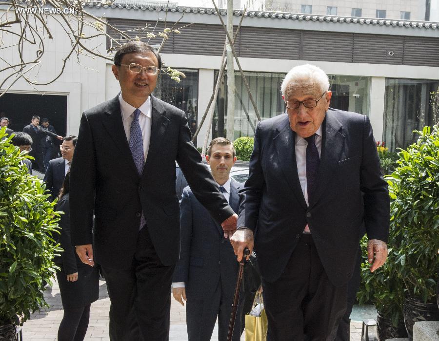 Chinese State Councilor Yang Jiechi (L, front) meets with former U.S. Secretary of State Henry Kissinger in Beijing, capital of China, April 24, 2013. (Xinhua/Wang Ye)