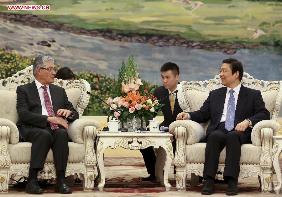 Chinese Vice President Li Yuanchao (R) meets with First Vice-President of Costa Rica Alfio Piva in Beijing, capital of China, April 24, 2013. (Xinhua/Ding Lin)