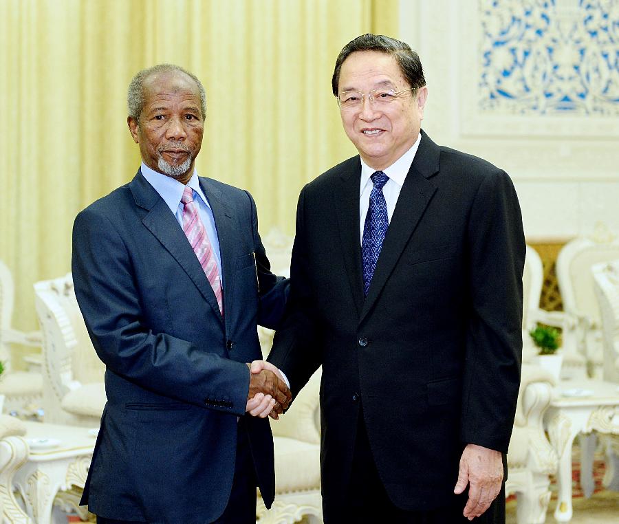 Yu Zhengsheng (R), chairman of the National Committee of the Chinese People's Political Consultative Conference (CPPCC), meets with President of Mauritanian Economic and Social Council (ESC) Mohamed Ould Haimer, in Beijing, capital of China, April 26, 2013. (Xinhua/Li Tao)