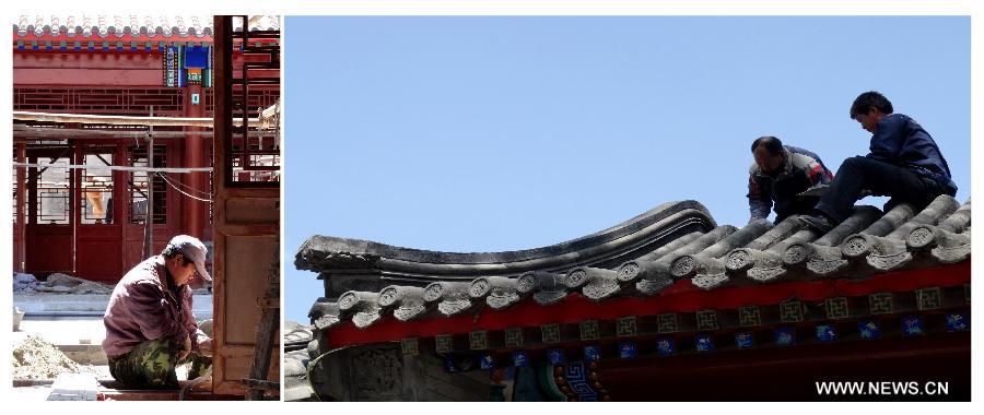 Combined photo taken on April 27, 2013 shows workers renovate a courtyard located in Dongcheng District in Beijing, capital of China. Local administration has taken a series of measures to protect Hutong, ancient architecture and courtyards in Dongcheng District, including renovation and putting up brands with Chinese-English bilingual introduction for old buildings. (Xinhua/Li Xin) 