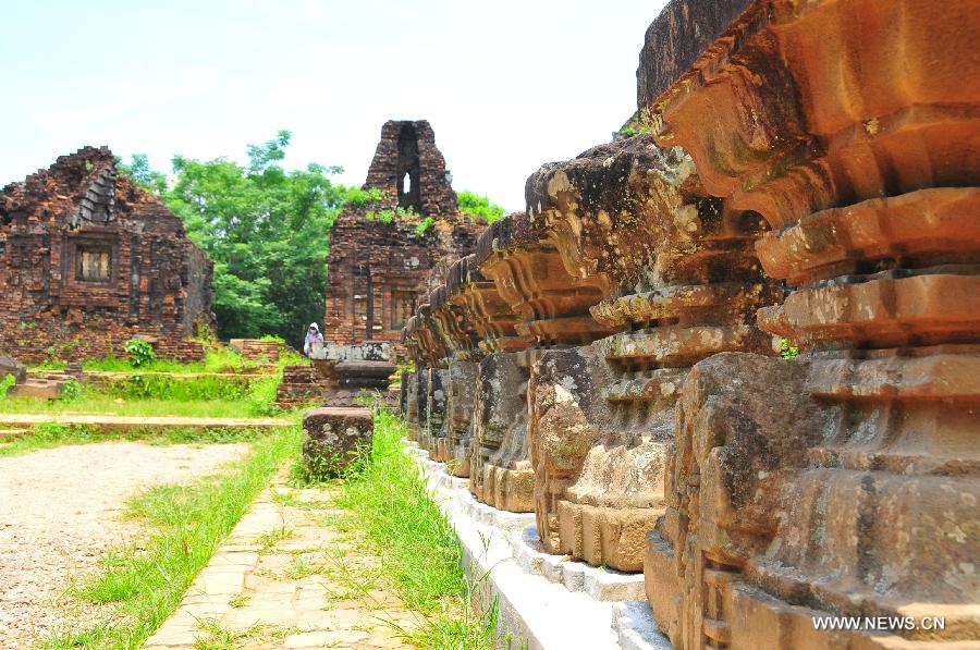 Relics of My Son Sanctuary, which was badly wrecked during last century's Vietnam War, is seen in central Vietnam, on April 29, 2013. Between the 4th and 13th centuries, a unique culture which owed its spiritual origins to Indian Hinduism developed on the coast of contemporary Vietnam. It was graphically illustrated by the remains of a series of impressive tower-temples located in My Son that was the religious and political capital of the Champa Kingdom for most of its existence. My Son Sanctuary was inscripted in UNESCO's World Cultural Heritage list in 1999. (Xinhua/Zhang Jianhua) 