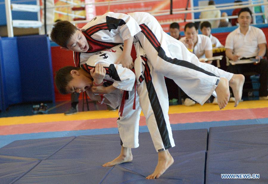 Jenson Luk (Top) of Canada battles with his compatriot Chris Lok during the 34th annual Can-Am International Martial Arts Championships in Richmond, BC, Canada, May 4, 2013. The annual Can-Am has several categories for competition, including Chinese traditional Kungfu, Wushu, Tai Chi, Karate and Taekwondo. (Xinhua/Sergei Bachlakov) 