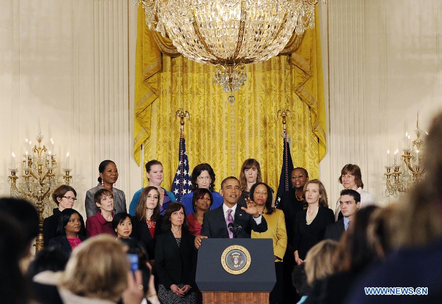 U.S. President Obama speaks on the impact of the Affordable Care Act on the health, lives and pocketbooks of women and their families at the White House in Washington D.C. May 10, 2013. (Xinhua/Fang Zhe) 