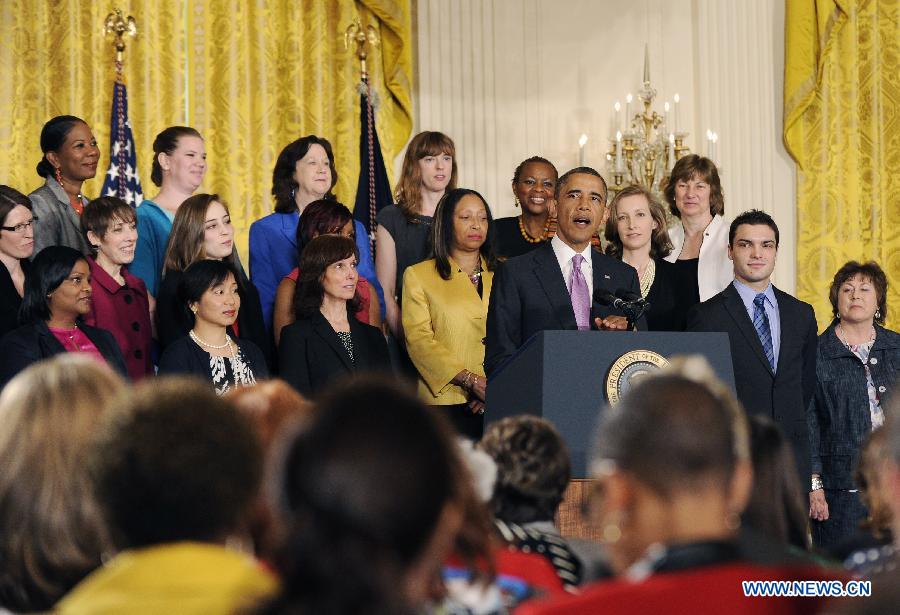 U.S. President Obama speaks on the impact of the Affordable Care Act on the health, lives and pocketbooks of women and their families at the White House in Washington D.C. May 10, 2013. (Xinhua/Fang Zhe) 