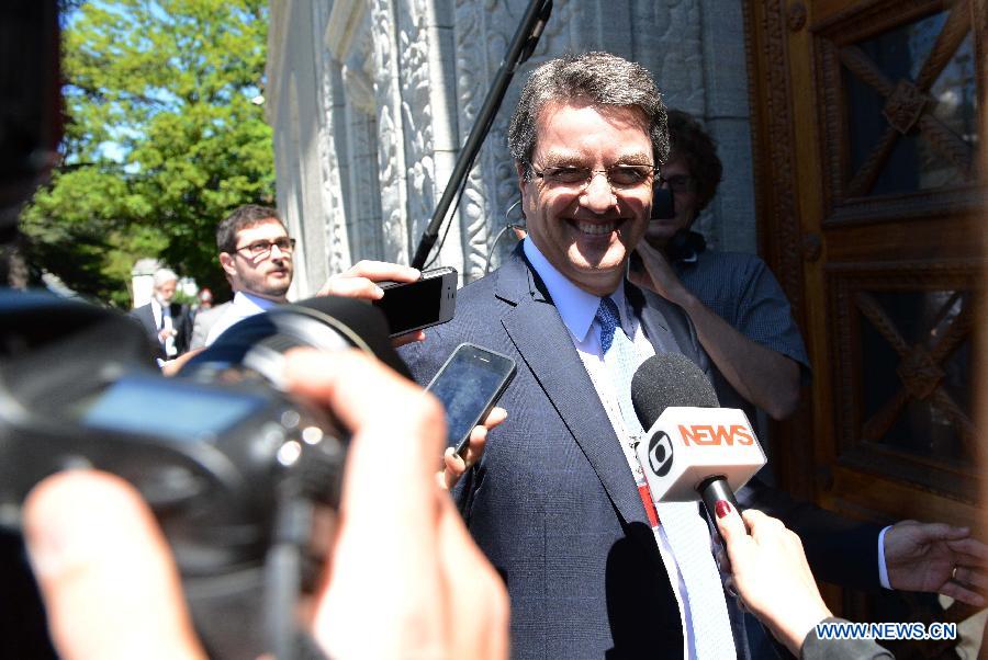 Roberto Azevedo receives interview in Geneva, Switzerland, May 14, 2013. The World Trade Organization (WTO) on Tuesday formally appointed Roberto Azevedo as its new director general replacing Pascal Lamy, whose tenure will end on Aug. 31. (Xinhua/Wang Siwei)