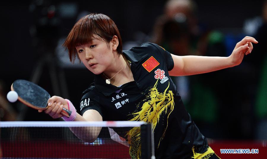 Chen Meng of China competes during the women's singles first round match against Marina Berho of France at the 2013 World Table Tennis Championships in Paris, France, May 15, 2013. Chen Meng won 4-0. (Xinhua/Tao Xiyi)