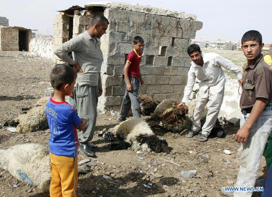 People look at the blast site in a sheep market in the Auraba district of Kirkuk, some 250 km north of Baghdad, capital of Iraq, on May 21, 2013. One civilian was killed and 25 others were injured when three bombs exploded in the sheep market on Tuesday, according to the source. At least seven people were killed and 75 others wounded in deadly bomb attacks in the war-torn Iraq on Tuesday, police said. (Xinhua/Dena Assad)