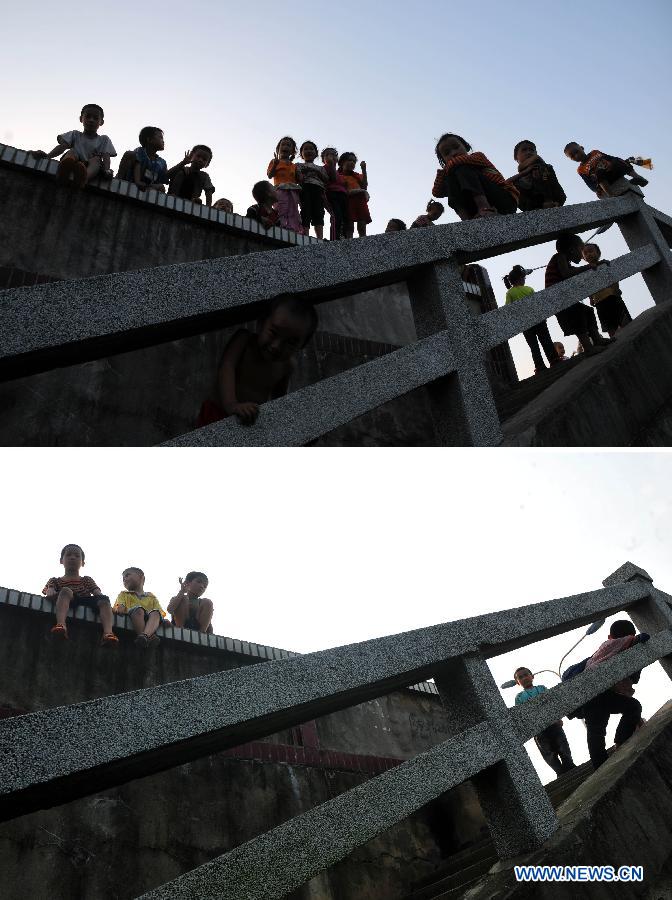 Combined photo taken in Baisha Village of Liuzhou City, south China's Guangxi Zhuang Autonomous Region, shows 20 children of migrant workers play along a river wall on Oct. 21, 2008 (top) and 5 of the 20 children play on the river wall on May 13, 2013. The rest children in the photo above have moved to other places with their parents. There are about 70 million children of migrant workers in China at present. Many of these children have been living a vagrant life, travelling with their parents whose jobs are not stable. (Xinhua/Huang Xiaobang)