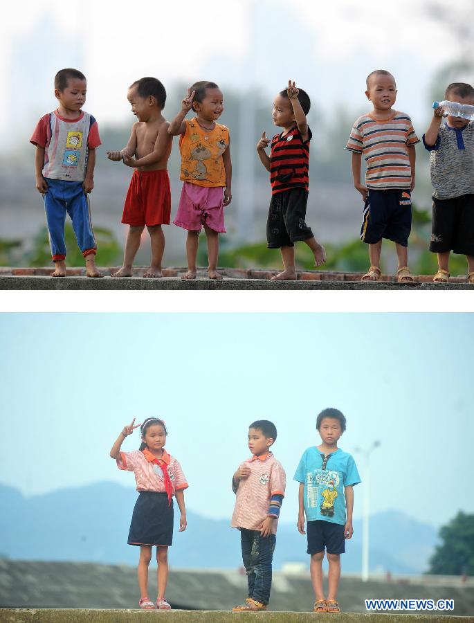 Combined photo taken in Baisha Village of Liuzhou City, south China's Guangxi Zhuang Autonomous Region, shows (from L to R) Pan Yong, Zhang Mingge, Tai Jinhua, Liu Cai'an, Shi Fugui and Pan Liumen pose for photo on Oct. 21, 2008 (top) and (from L to R) Tai Jinhua, Liu Cai'an and Shi Fugui pose for photo on May 13, 2013. The rest three kids in the photo above have moved to other cities with their parents. There are about 70 million children of migrant workers in China at present. Many of these children have been living a vagrant life, travelling with their parents whose jobs are not stable. (Xinhua/Huang Xiaobang)