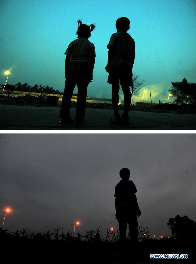 Combined photo taken in Baisha Village of Liuzhou City, south China's Guangxi Zhuang Autonomous Region, shows 9-year-old Tai Guiping (R) and his friend on Oct. 28, 2008 (top) and 14-year-old Tai Guiping on May 16, 2013. His friend in the photo above moved back to hometown with her parents three years ago. There are about 70 million children of migrant workers in China at present. Many of these children have been living a vagrant life, travelling with their parents whose jobs are not stable. (Xinhua/Huang Xiaobang)