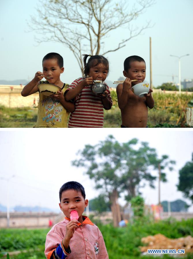 Combined photo taken in Baisha Village of Liuzhou City, south China's Guangxi Zhuang Autonomous Region, shows Liu Cai'an (L) has lunch with his friends on Oct. 21, 2008 (top) and 7-year-old Liu Cai'an has icecream on May 13, 2013. His friends in the photo above have moved to other places with their parents. There are about 70 million children of migrant workers in China at present. Many of these children have been living a vagrant life, travelling with their parents whose jobs are not stable. (Xinhua/Huang Xiaobang)